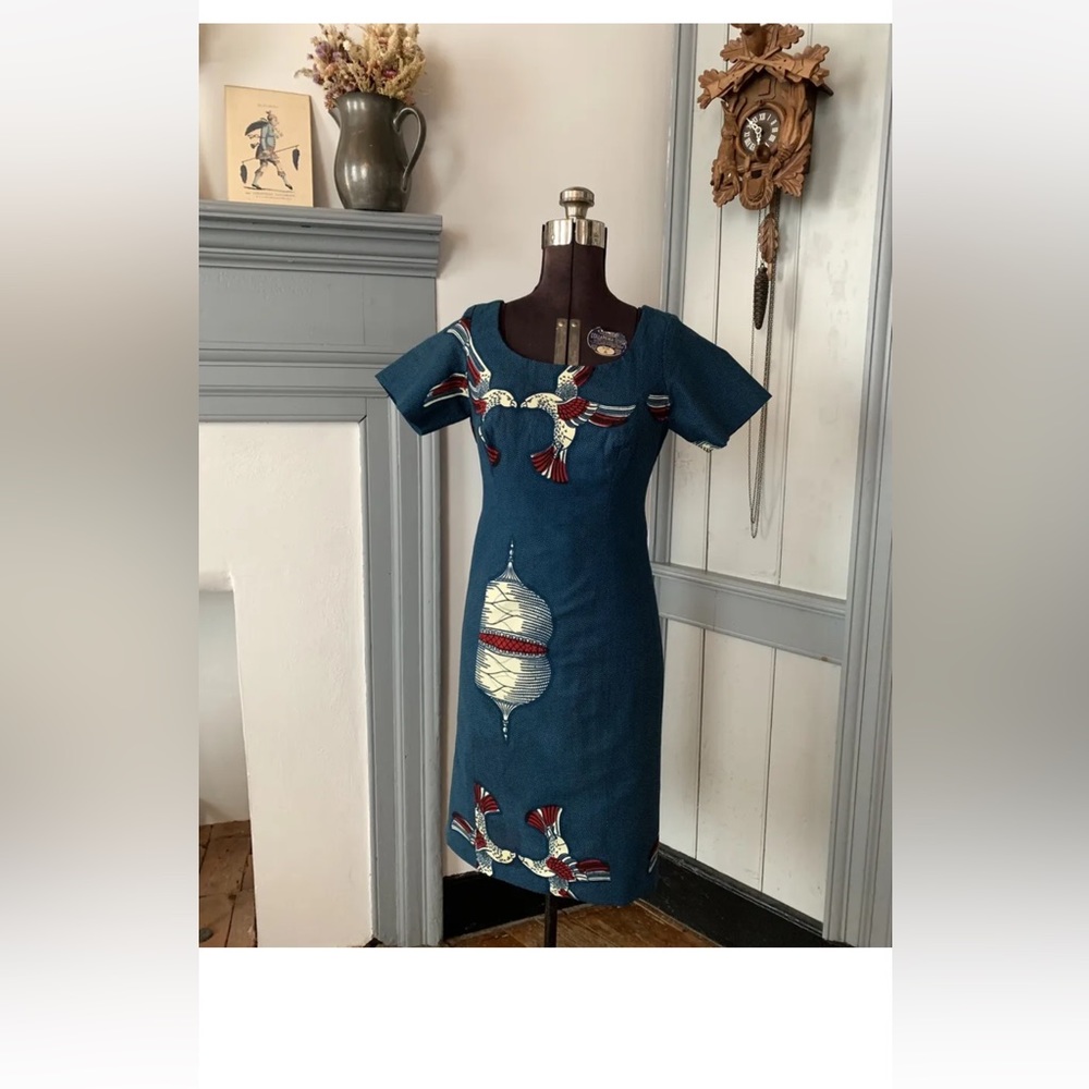 Vintage 1960s batik wax block print art mini dress birds deep teal blue